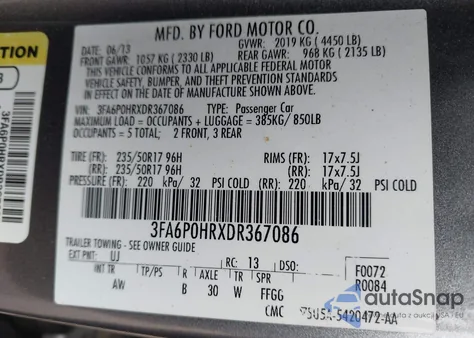 2013 Ford Fusion Se z USA, uszkodzony, nr VIN 3FA6P0HRXDR367086